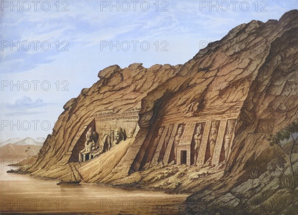Abu Simbel, quarry and temple, former location on the west bank of the Nile between the first and second cataracts, Egypt, authentic reproduction of a school mural, historic, around 1900