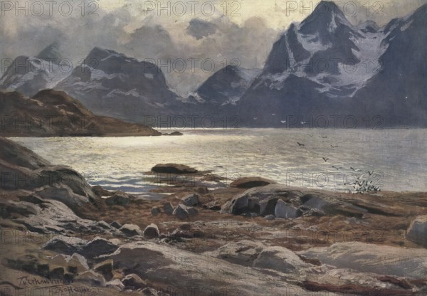 Raftsund, the waterway between Lofoten and Vesteralen, Norway, authentic reproduction of a school mural, historic, around 1900