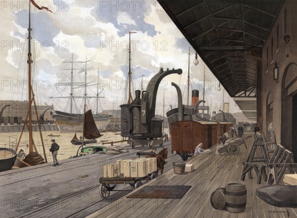 Scene in the port of Rotterdam, Holland, Netherlands, authentic reproduction of a school mural, historical, around 1900