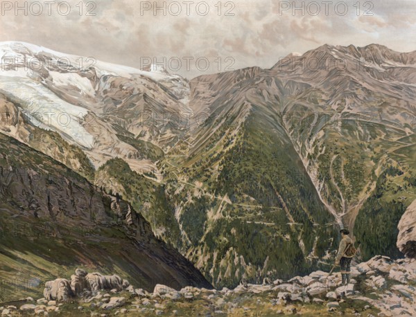 Stelvio Pass, Stelvio Pass, Passo dello Stelvio, mountain pass in the Ortler Alps, South Tyrol, Italy, authentic reproduction of a school mural, historical, around 1900