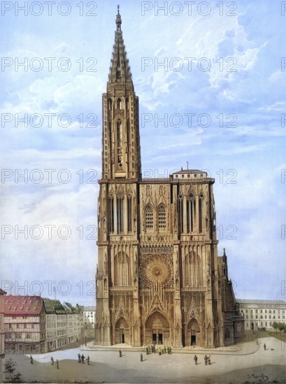Cathedral of Our Lady in Strasbourg, CathÃ©drale Notre-Dame de Strasbourg, Strasbourg Cathedral for short, a Roman Catholic religious building in the Alsatian city of Strasbourg, France, authentic reproduction of a school mural, historic, around 1900