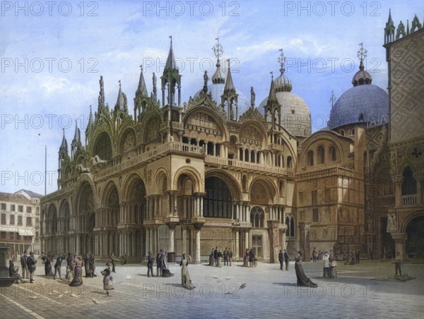 St. Mark's Basilica, Basilica di San Marco, a Roman Catholic church on St. Mark's Square in Venice, Italy, authentic reproduction of a school mural, historic, around 1900