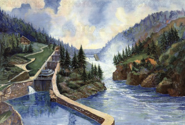 Shipping lock, Vrangoss Telemark, Vrangfoss is the name of the largest lock of the Telemark Canal in Norway, authentic reproduction of a school mural, historic, around 1900