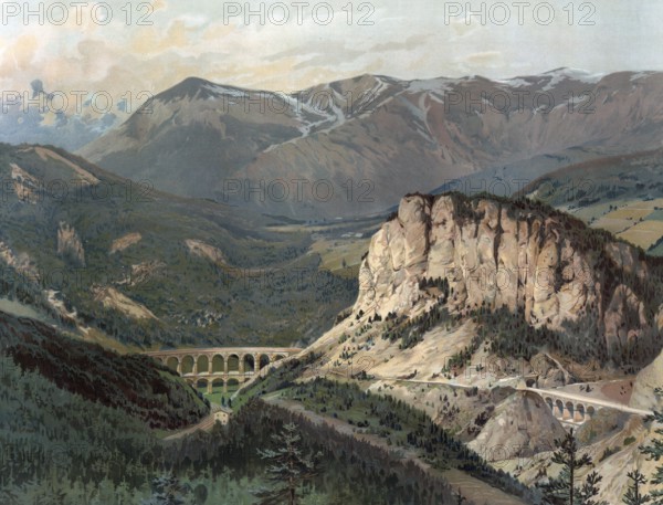 Semmering Railway, a railway line in Austria, authentic reproduction of a school mural, historic, around 1900