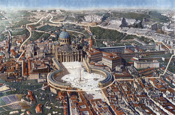 Panorama of Rome and St. Peter's Square, around 1930, Vatican, Italy, authentic reproduction of a school mural, historical, around 1900