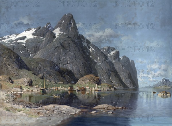 Reine, village in Lofoten, Norway, authentic reproduction of a school mural, historic, around 1900