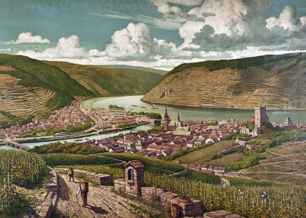 The Rhine breakthrough near Bingen, Rhineland-Palatinate, Germany, authentic reproduction of a school mural, historical, around 1900