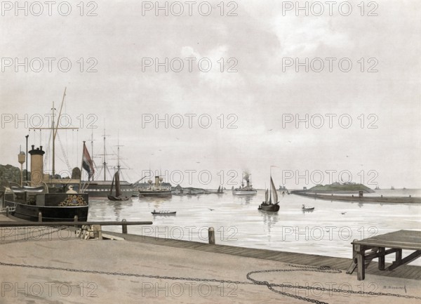 Port of Den Helder, Dutch community on the North Sea coast in the province of North Holland, Holland, Netherlands, authentic reproduction of a school mural, historic, around 1900