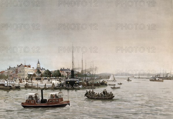 Nieuwe Maas, Neue Maas, an approximately 24 kilometers long part of a main river in the Rhine Delta, Rotterdam, Holland, the Netherlands, authentic reproduction of a school mural, historic, around 1900