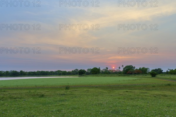An idyllic landscape with a lake surrounded by trees and a warm morning sky at sunrise, Fazenda Barranco Alto, Pantanal, UNESCO Biosphere Reserve, World Heritage Site, Mato Grosso, Brazil