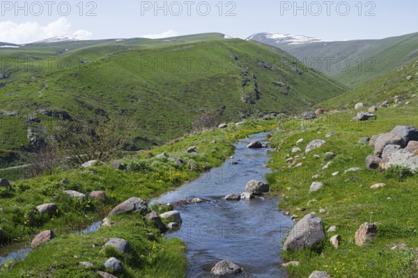 A clear stream flows through a green hilly landscape with scattered stones, Amberd Gorge, Aragazotn Province, Armenia
