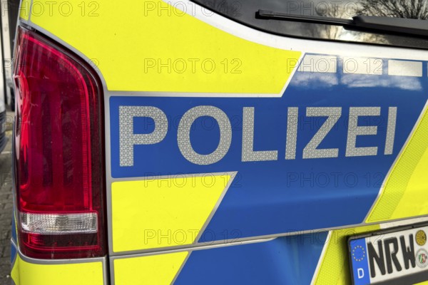 Police lettering on police car Emergency vehicle Emergency vehicle patrol car with license plate from North Rhine-Westphalia, North Rhine-Westphalia, Germany Germany