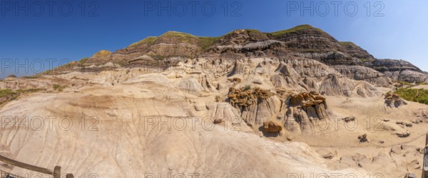 Breathtaking panorama of the drumheller badlands showcasing unique hoodoo formations under a vibrant blue sky, highlighting the geological wonders of the canadian prairies