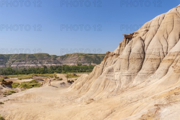 Tourist walking through the arid badlands of drumheller, alberta, surrounded by unique hoodoo formations under a clear blue sky, highlighting the region's natural beauty