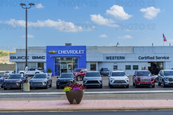 Modern car dealership displaying a variety of new vehicles, representing brands such as buick, gmc, and chevrolet, in drumheller, alberta, under a clear blue sky with few clouds