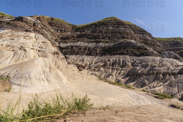 Sunlight illuminates the unique geological formations known as hoodoos, rising from the dry ground in drumheller, alberta, showcasing the beauty of the canadian badlands on a clear day