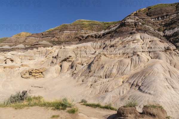 Sunlight bathes the otherworldly terrain of drumheller, alberta, showcasing the unique hoodoo formations rising from the arid landscape under a vibrant blue sky