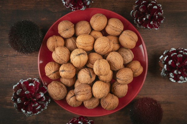 Red plate with walnuts surrounded by sparkling cones