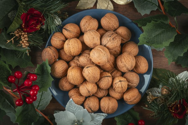 Blue plate with walnuts surrounded by Christmas decoration