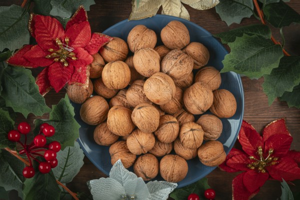 Blue plate with walnuts decorated with Christmas decoration