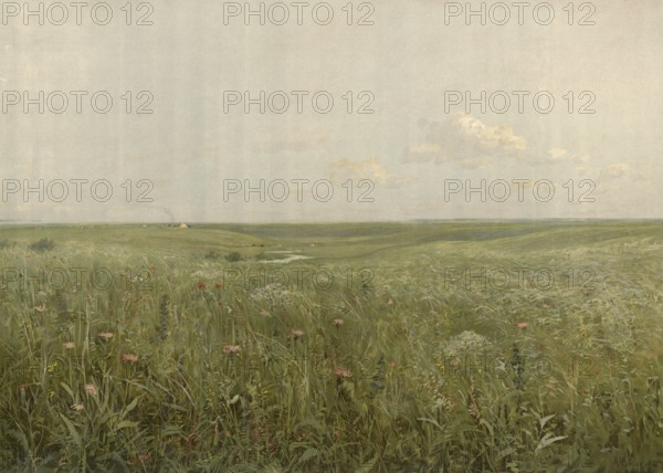Steppe landscape in Kazakhstan, authentic reproduction of a school mural, historical, around 1900