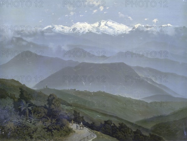View of Kangchenjunga, at 8586 m the third highest mountain in the world and the easternmost eight-thousander, Nepal, authentic reproduction of a school mural, historic, around 1900