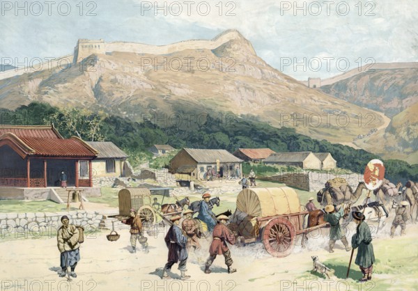 German colony, village scene and Great Wall of China at Nankou Pass, China, authentic reproduction of a school mural, historical, around 1900