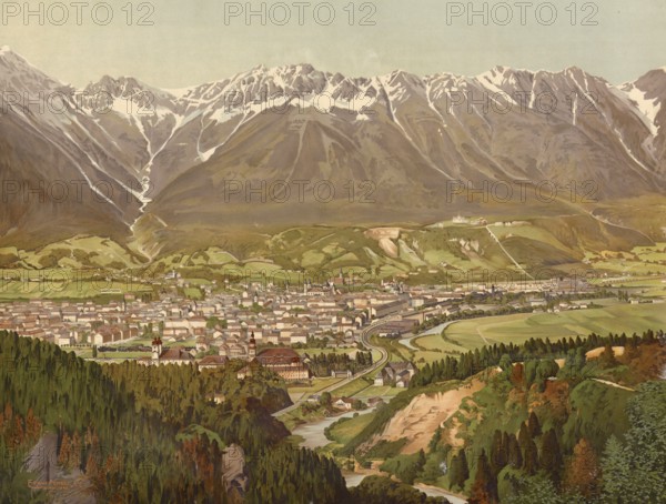Panorama of Innsbruck, Tyrol, Austria, authentic reproduction of a school mural, historical, around 1900