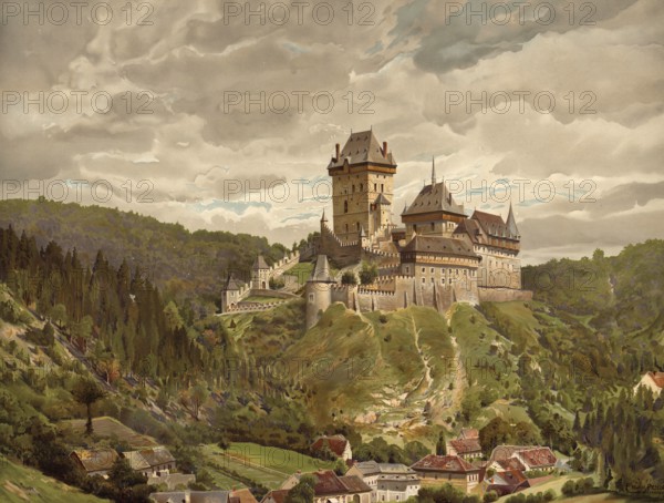 KarlÅ¡tejn Castle in Bohemia, today the Czech Republic, Czech Republic, authentic reproduction of a school mural, historic, around 1900