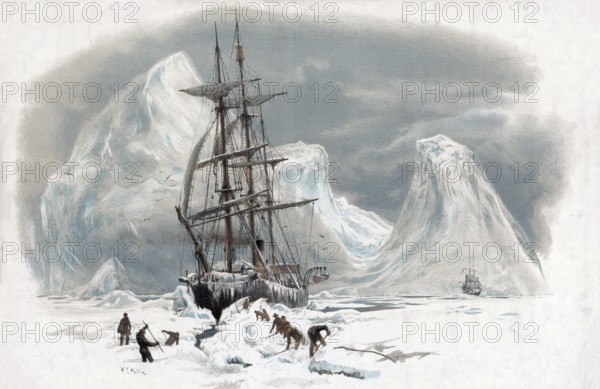 In the Arctic, ship is trapped in ice and the sailors try to break a fairway, authentic reproduction of a school mural, historic, around 1900