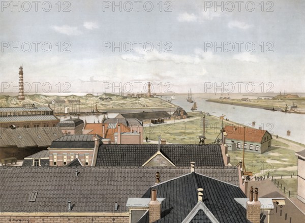 IJmuiden is the largest town in the Dutch municipality of Velsen in the province of North Holland and an important seaport in the Netherlands, authentic reproduction of a school mural, historic, around 1900