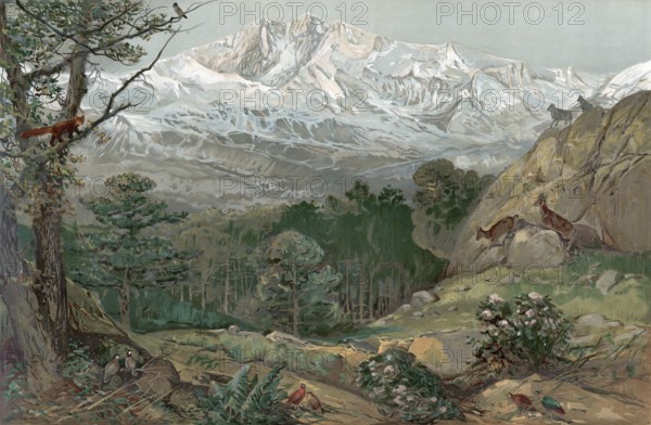 Landscape in the Himalayas, Nepal, authentic reproduction of a school mural, historical, around 1900