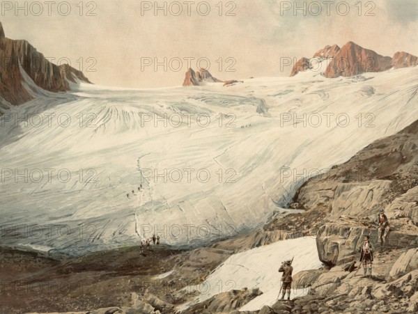 Hallstatt glacier, also known as Karleisfeld, the largest glacier in the Dachstein massif, Austria, authentic reproduction of a school mural, historic, around 1900
