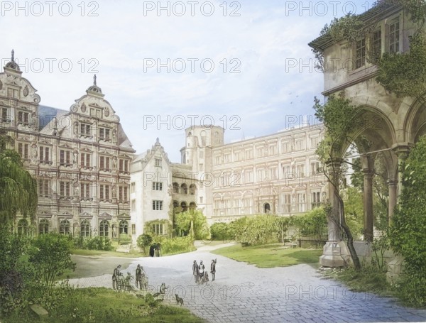 Heidelberg Castle, one of the most famous ruins in Germany and the landmark of the city of Heidelberg, Baden-WÃ¼rttemberg, Germany, authentic reproduction of a school mural, historic, around 1900