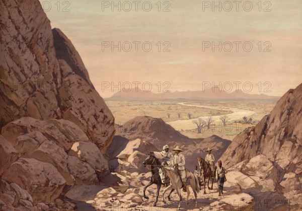 Traveling in the Residentur Adamaua, an administrative area of the German colony of Cameroon, authentic reproduction of a school mural, historic, around 1900