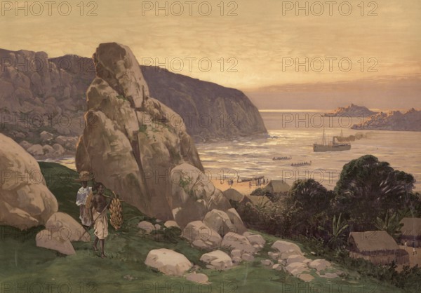 On Lake Victoria, German colony, Tanzania, authentic reproduction of a school mural, historical, around 1900