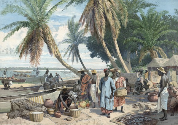Weekly market on the lagoon in Togo, German colony, authentic reproduction of a school mural, historic, around 1900
