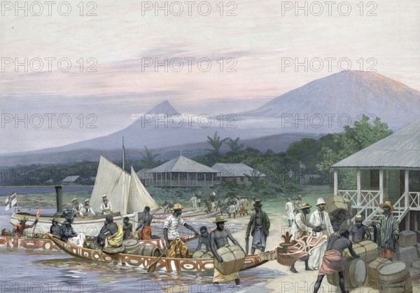 German colony, Victoria and the two Cameroon mountains, Cameroon, authentic reproduction of a school mural, historical, around 1900