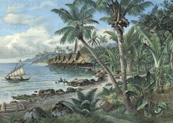 German colony, stilt village on Admiralty Island, Bismarck archipelago, archipelago in the western Pacific that belongs to Papua New Guinea and lies north of the main island of New Guinea, authentic reproduction of a school mural, historical, around 1900