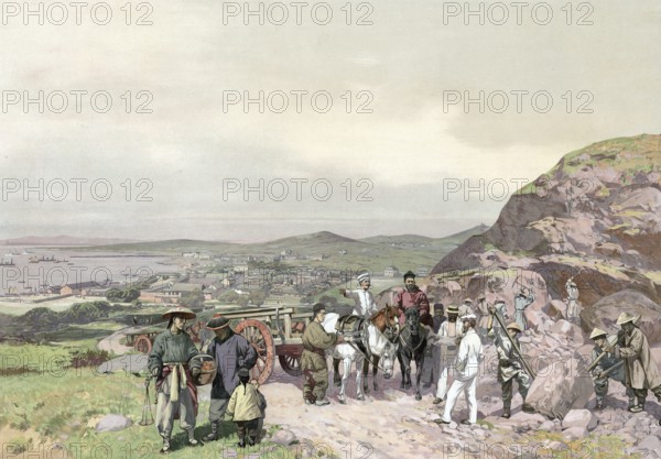 German colony, Tsingtau, city and port, China, authentic reproduction of a school mural, historical, around 1900