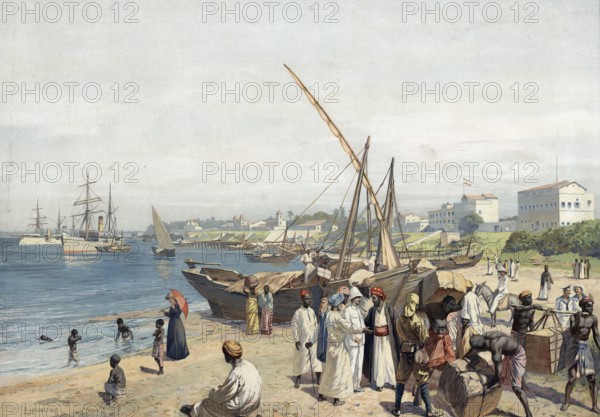 German colony, harbor scene in Dar Es Salam, Tanzania, authentic reproduction of a school mural, historic, around 1900