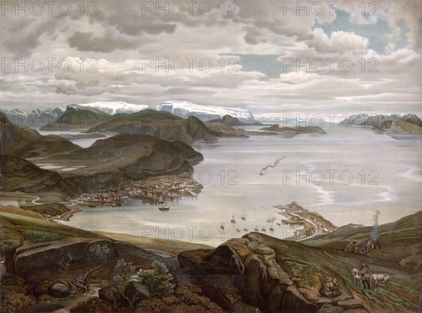 View of the town of Hammerfest in Norway, authentic reproduction of a school mural, historic, around 1900