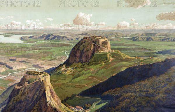 Hegau, burglary basin with volcanic ruins, a historic district of the Duchy of Swabia northwest of Lake Constance in the south of today's federal state of Baden-WÃ¼rttemberg, Germany, authentic reproduction of a school mural, historic, around 1900