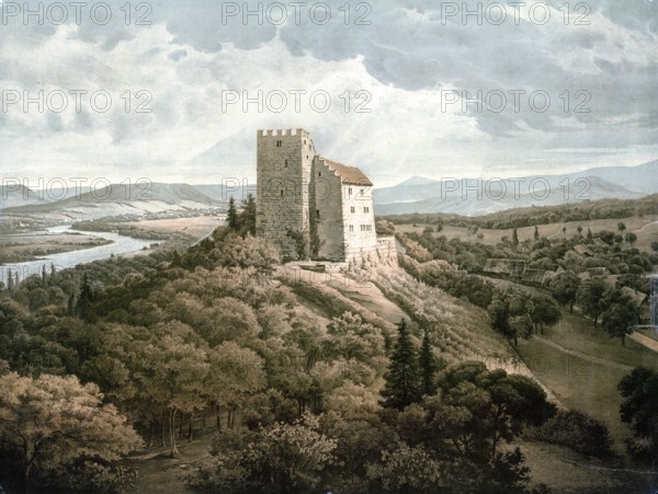 Habsburg, also known as Habsburg Castle in recent times, is a summit castle in Switzerland. It is located on the territory of the municipality of Habsburg in the canton of Aargau, authentic reproduction of a school mural, historic, around 1900