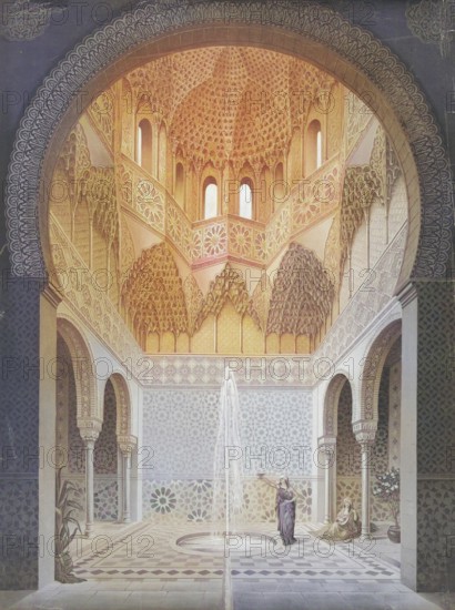 The Abencerrajes Hall, Sala de los Abencerrajes, a famous room in the Nasrid Palaces of the Alhambra in Granada, Spain, authentic reproduction of a school mural, historic, around 1900