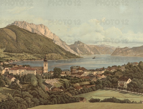 Gmunden is a town in the Upper Austrian Salzkammergut on the northern shore of Lake Traun, Austria, authentic reproduction of a school mural, historic, around 1900