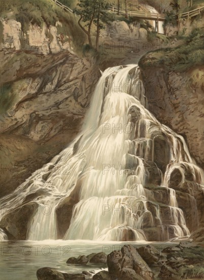 Gollinger Wasserfall, actually called Schwarzbachfall or Schwarzenbachfall, in Tennengau in Austria, authentic reproduction of a school mural, historic, around 1900