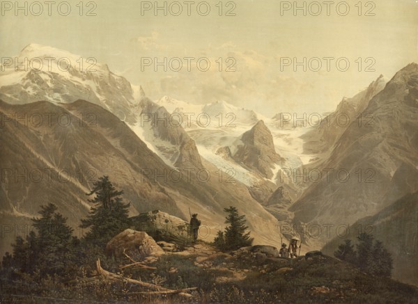 Landscape on Ortler, highest elevation in the Italian province of South Tyrol and the Tyrol region, Italy, authentic reproduction of a school mural, historic, around 1900