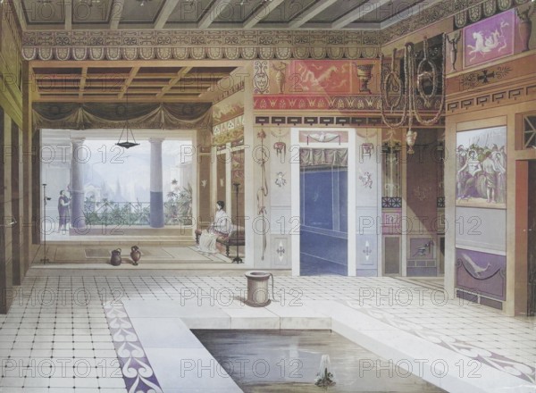 The Poet's House, Pompeii, Campania, Italy, authentic reproduction of a school mural, historic, around 1900