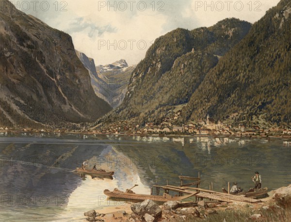 Hallstatt Lake in the Salzkammergut in Austria, authentic reproduction of a school mural, historic, around 1900